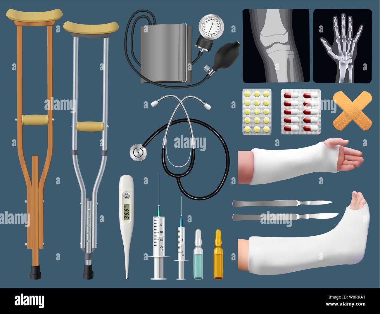 Set of medicine surgical traumatology objects. Treatment of bone fracture. Plaster splint, crutch, x-ray, arm and leg in plaster splint, medical Stock Vector