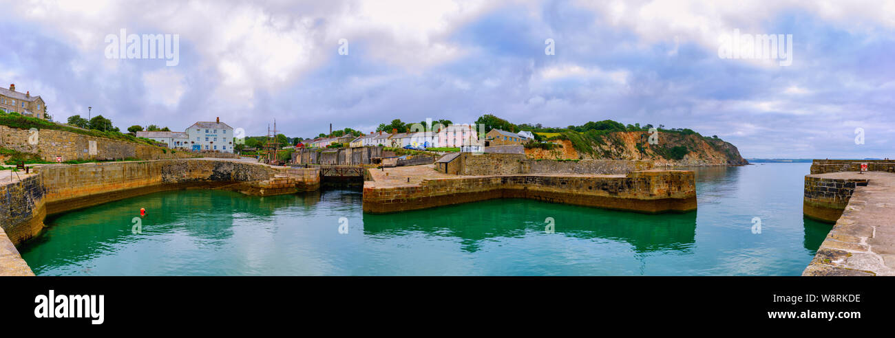 CHARLESTOWN, CORNWALL, UK - JUNE 30 2019: A wide panoramic view of the harbour in Charlestown near St Austell in Cornwall. Stock Photo