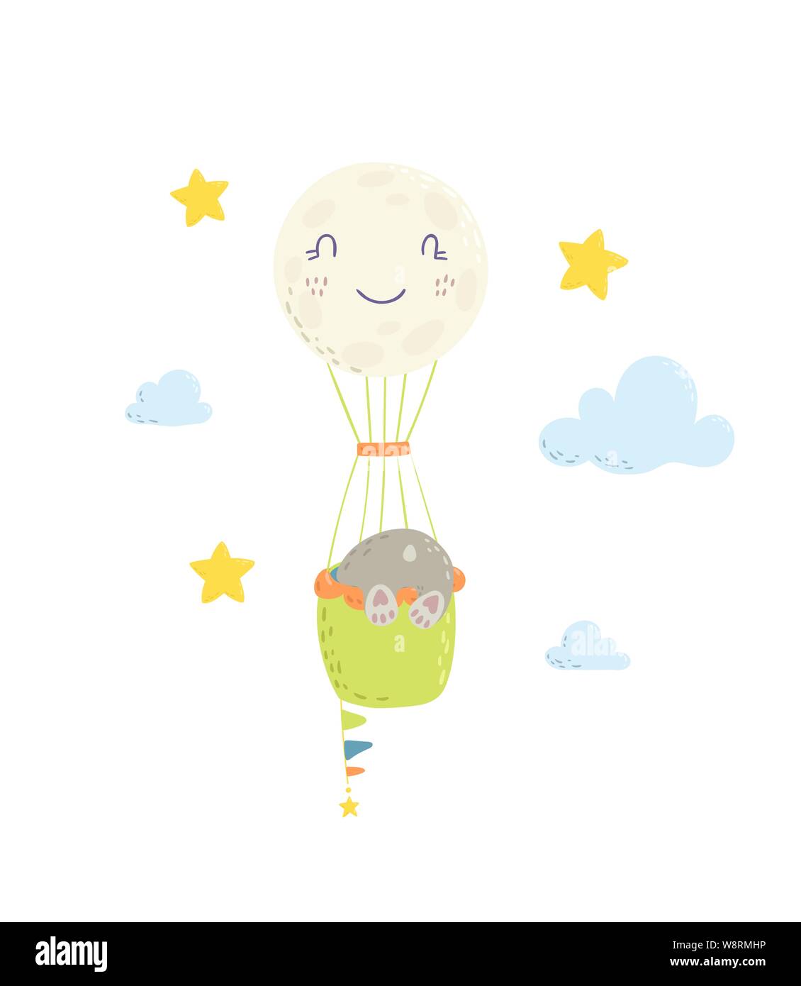 Cute bear is flying in a hot air balloon cartoon flat vector ...
