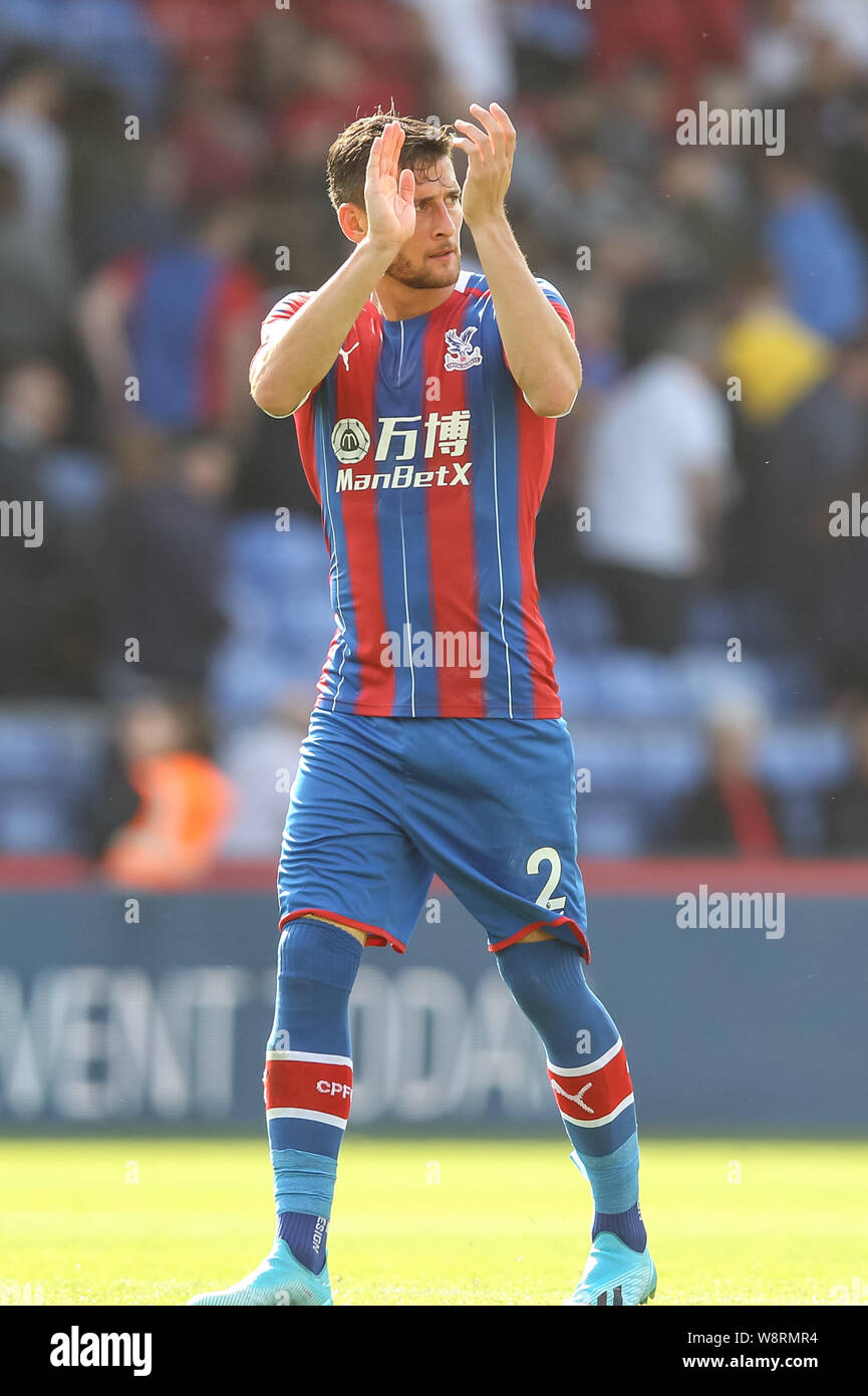 London, UK. 10th Aug, 2019. Joel Ward of Crystal Palace salutes the home supporters during the Premier League match between Crystal Palace and Everton at Selhurst Park, London, England on 10 August 2019. Photo by Ken Sparks. Editorial use only, license required for commercial use. No use in betting, games or a single club/league/player publications. Credit: UK Sports Pics Ltd/Alamy Live News Stock Photo