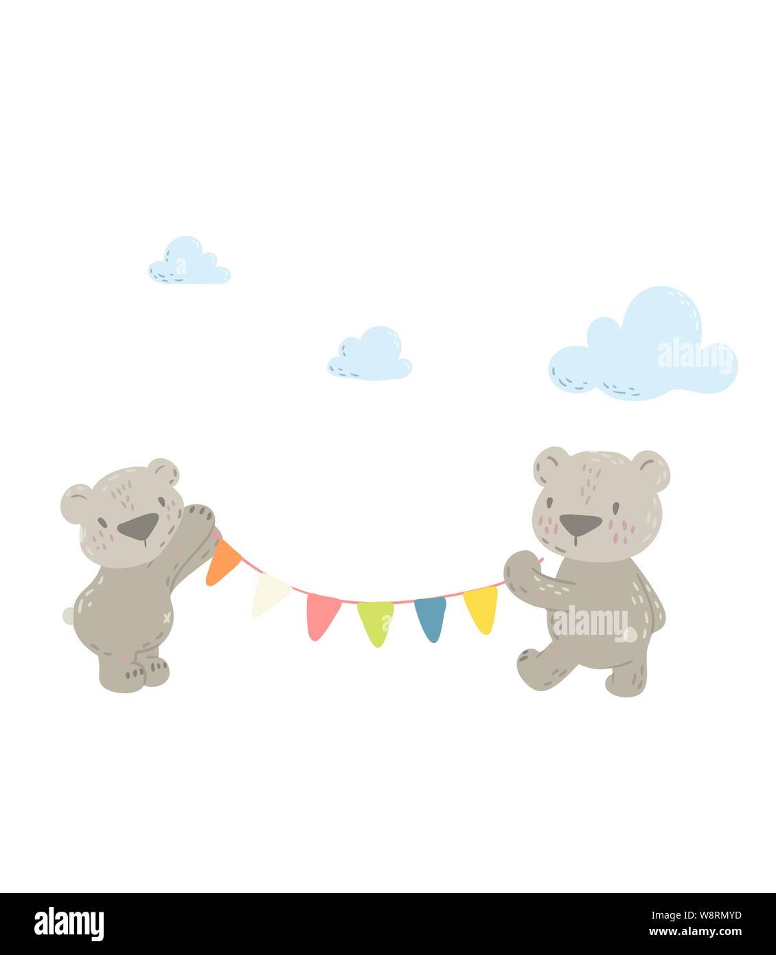 Two cute bears are holding flags. Cartoon flat vector illustration for ...