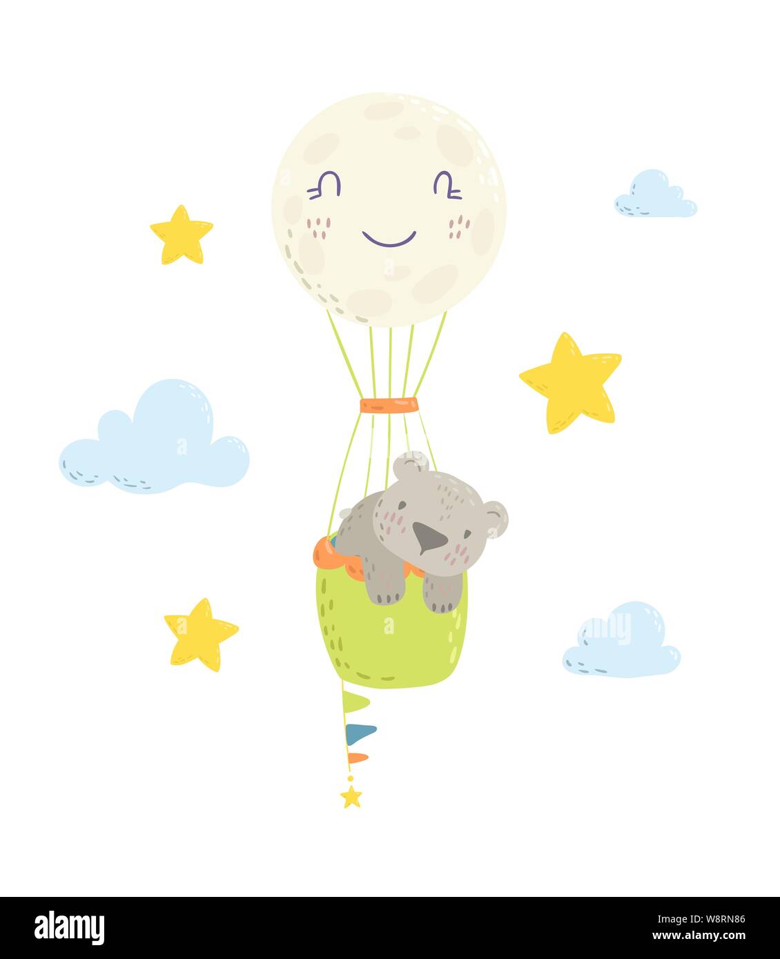 Cute bear is flying in a hot air balloon cartoon flat vector ...