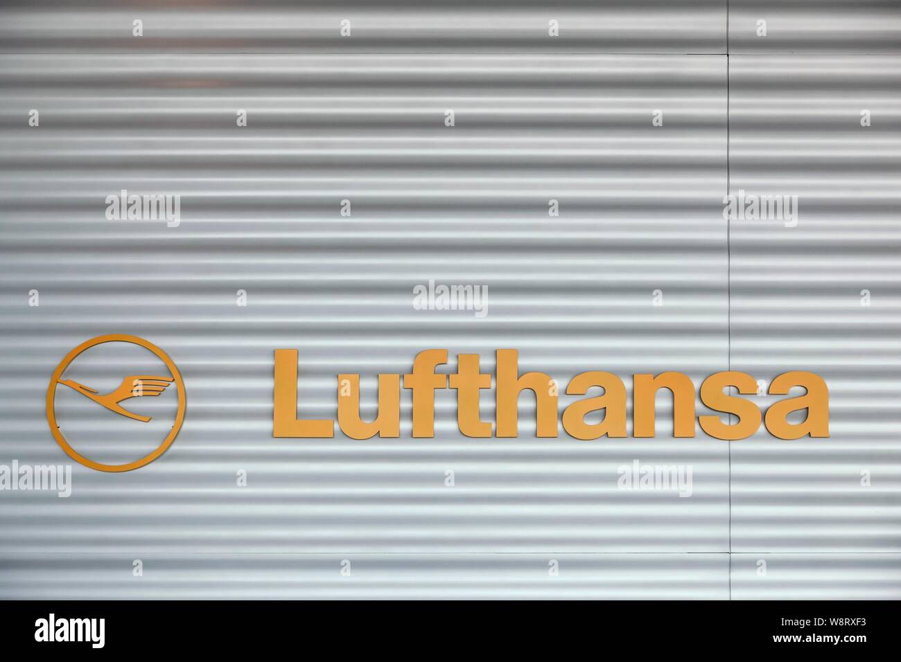 Frankfurt, Germany - September 28, 2015: Lufthansa logo on wall .Lufthansa is a german airline and also the largest airline in Europe Stock Photo