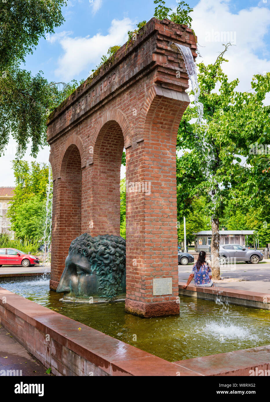 La Naissance de la Civilisation, Birth of Civilization fountain, aqueduct replica, Janus head, Tomi Ungerer 1988, Strasbourg, Alsace, France, Europe, Stock Photo