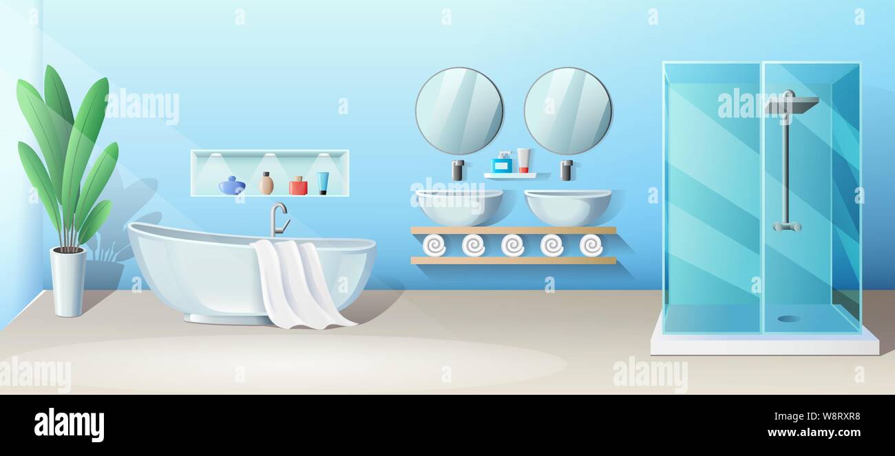 Modern bathroom interior with bath and shower stall, vector banner Stock Vector