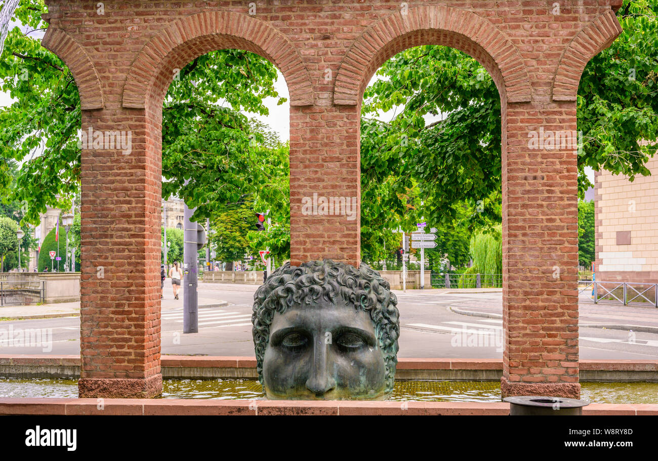 La Naissance de la Civilisation, Birth of Civilization fountain, aqueduct replica, Janus head, Tomi Ungerer 1988, Strasbourg, Alsace, France, Europe, Stock Photo