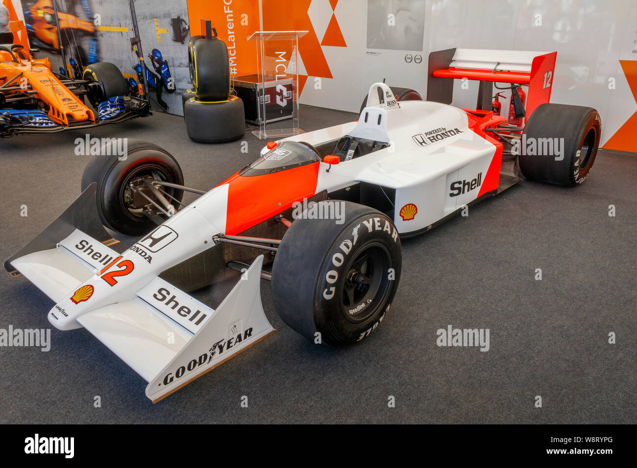 1988 McLaren-Honda MP4/4 Formula 1 single-seater in the paddock garage at the 2019 Goodwood Festival of Speed, Sussex, UK. Stock Photo