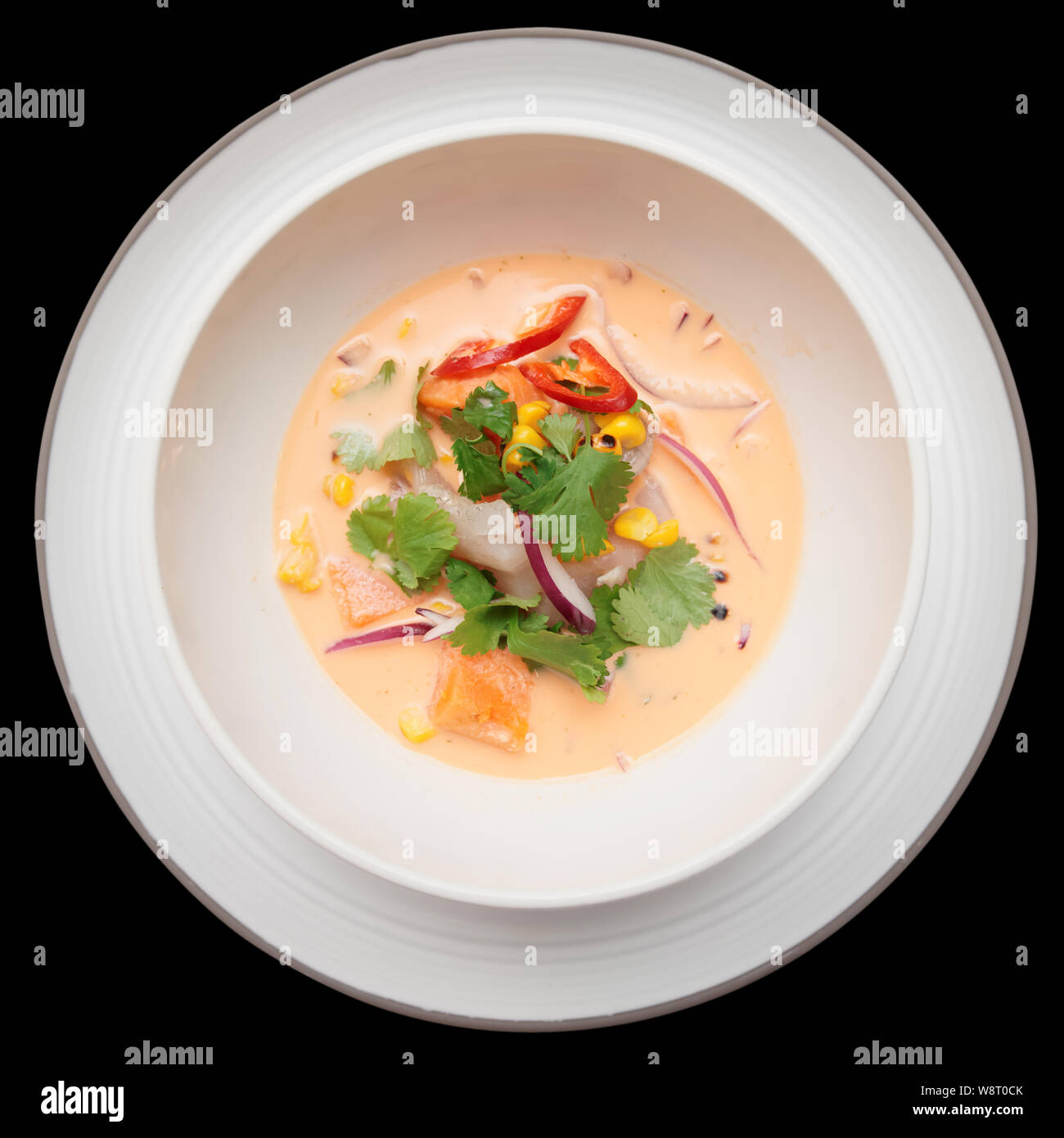 Sea bass ceviche with pumpkin, cilantro, corn and onion, Peruvian food