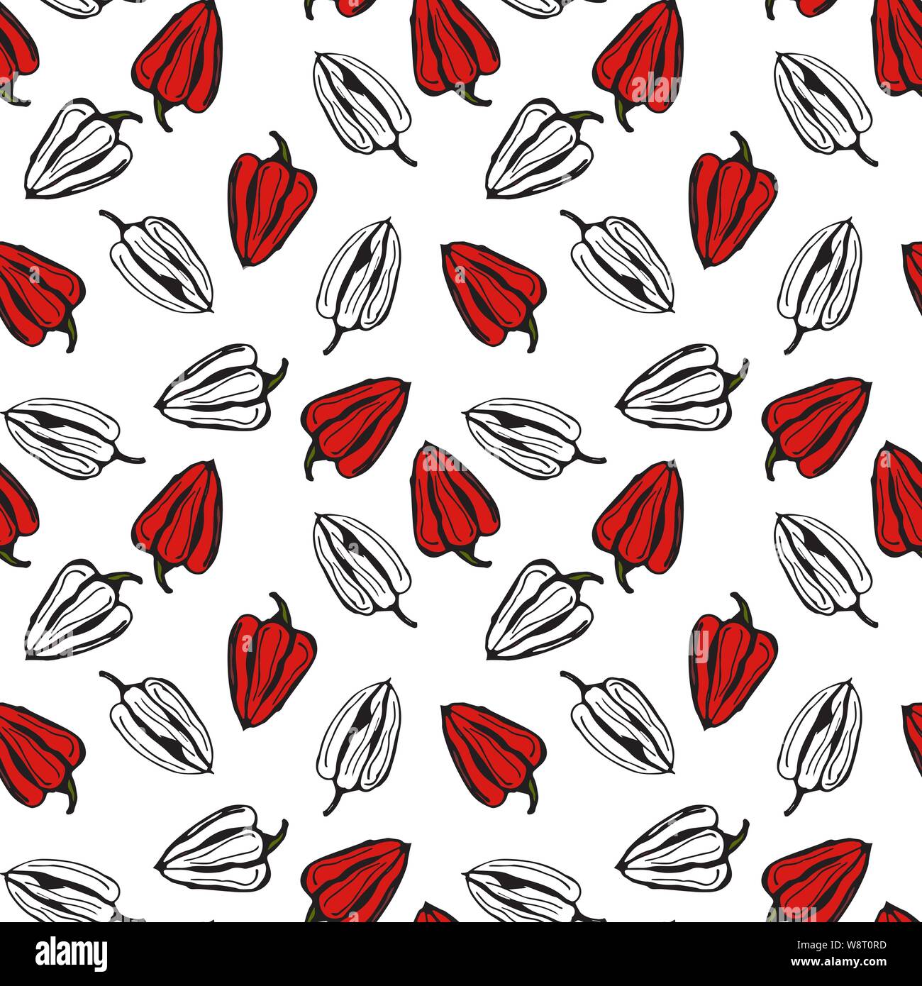 Bell pepper vector seamless pattern. Red and white pper on white background Stock Vector