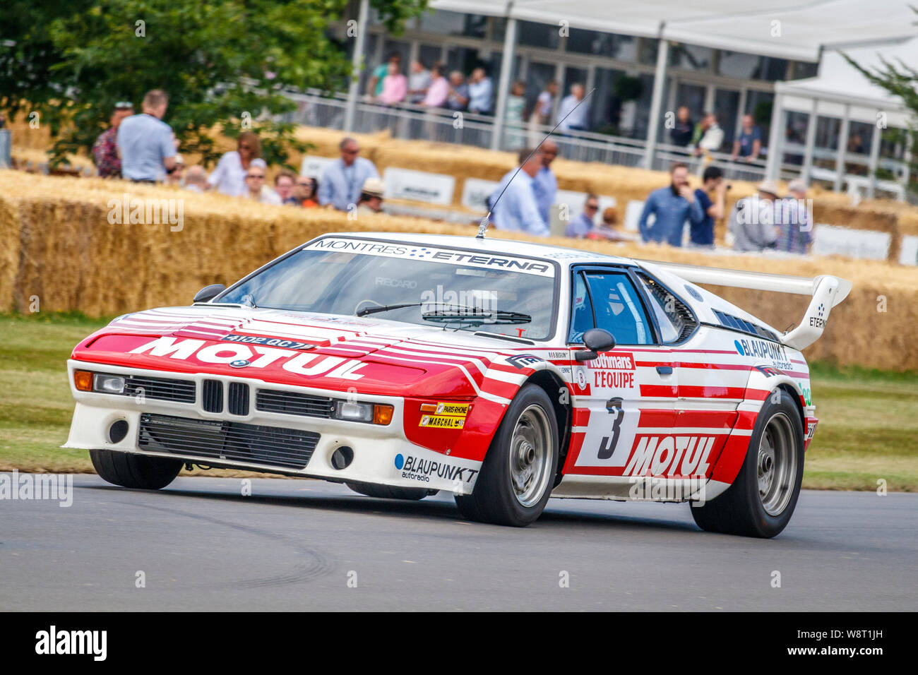 1980 BMW M1 Le Mans and rally car with driver Kari Makela at the 2019 Goodwood Festival of Speed, Sussex, UK. Stock Photo