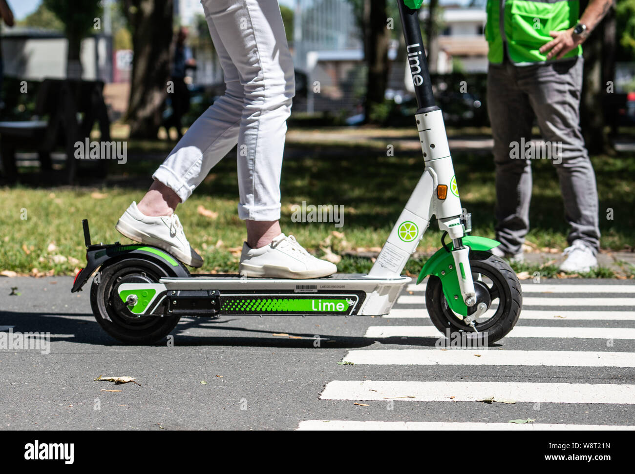 Eschborn, Germany. 11th 2019. During a driving safety training for electric pedal-scooters, a participant practices emergency braking on a pedestrian crossing at a traffic training area. One of the e-scooter providers