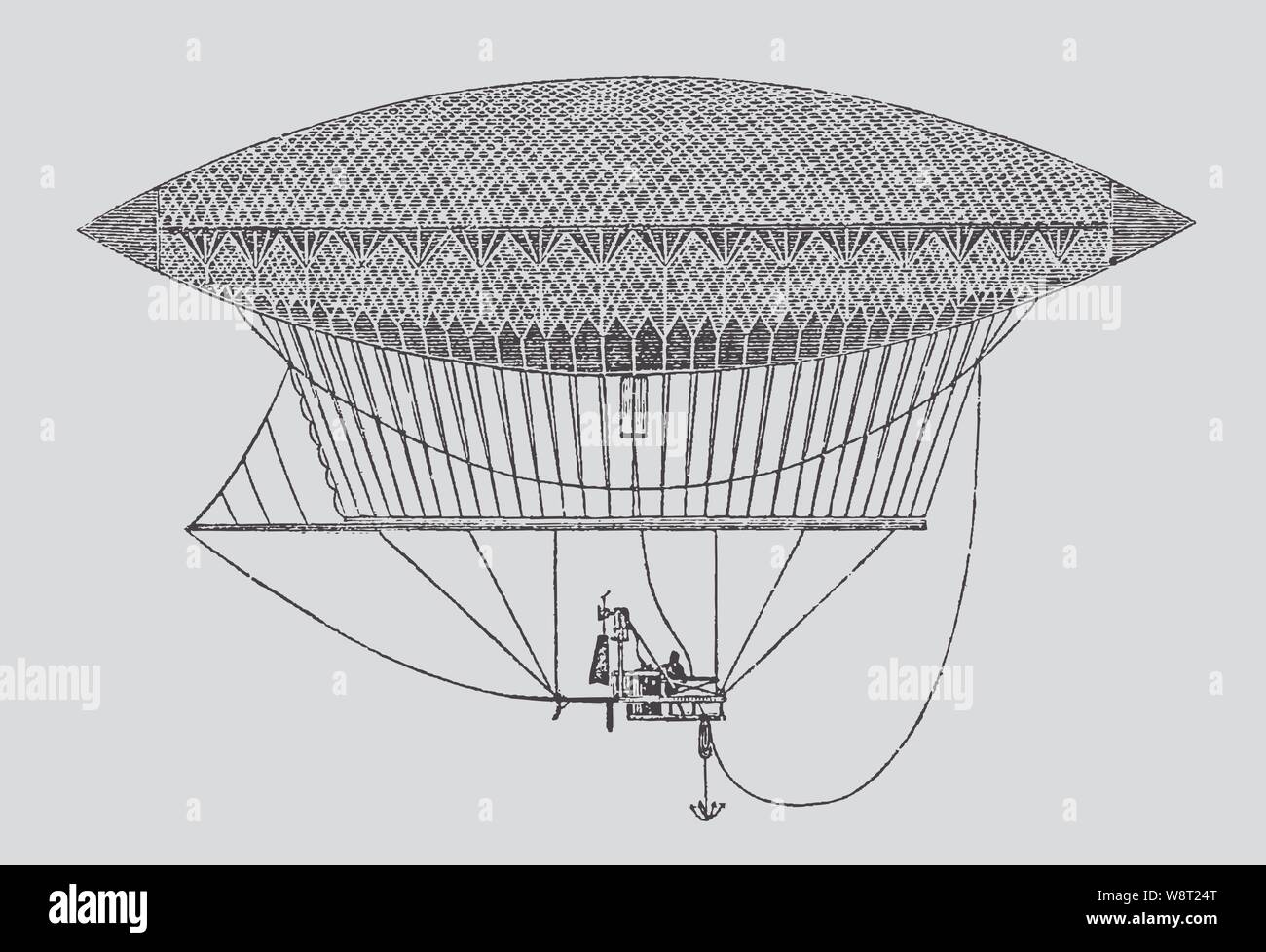 Historic aeronautic steam-driven and dirigible ballon from 1852. Illustration after an engraving from the 19th century. Editable in layers Stock Vector