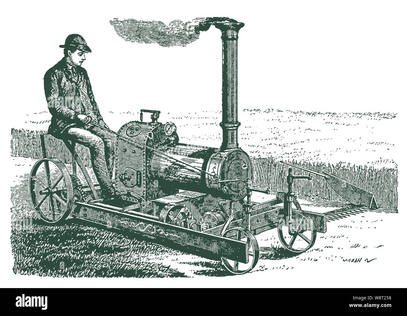 Man driving a historic steam reaper and mower. Illustration after an engraving from the 19th century. Editable in layers Stock Vector