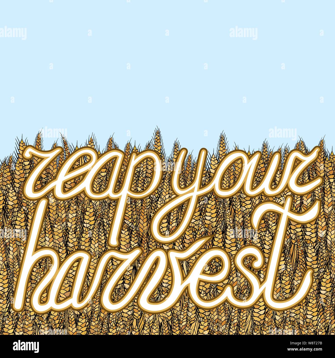 abstract vector cartoon doodle wheat background with lettering reap