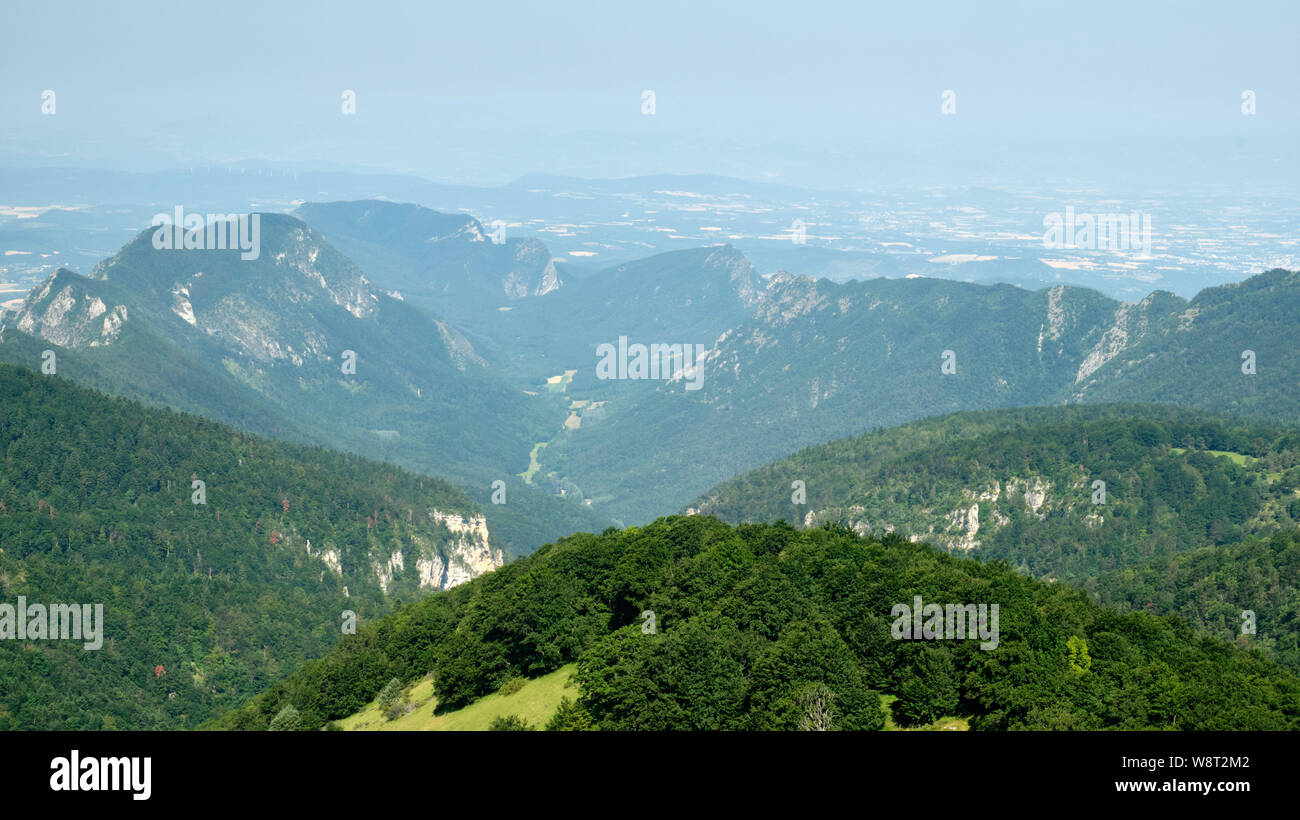 The bowl-shaped forest of Saou viewed from Les Trois Becs is one of Europe's best examples of a perched syncline formation Stock Photo