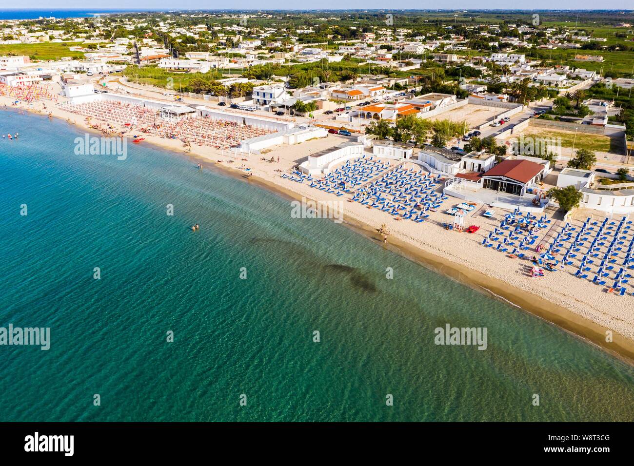 Aerial view, public beach by the sea, Spiaggiabella Beach, Torre Rinalda, Lecce, Apulia, Italy Stock Photo