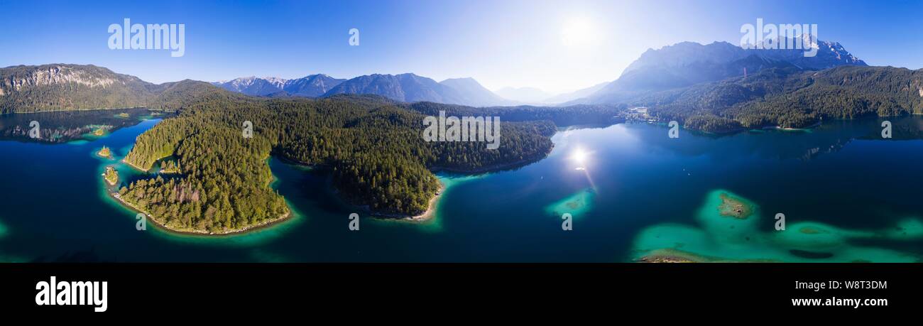 360 degree panorama, Eibsee lake, near Grainau, Werdenfelser Land, aerial view, Upper Bavaria, Bavaria, Germany Stock Photo