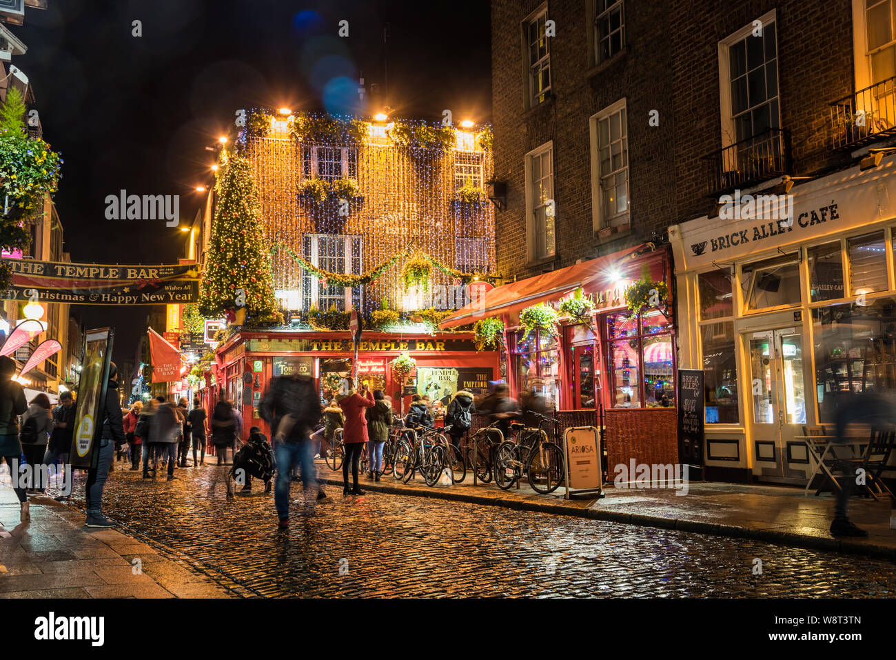 Dublin, Ireland December 06, 2018 Crowd of people outside the famous Temple Bar pub in