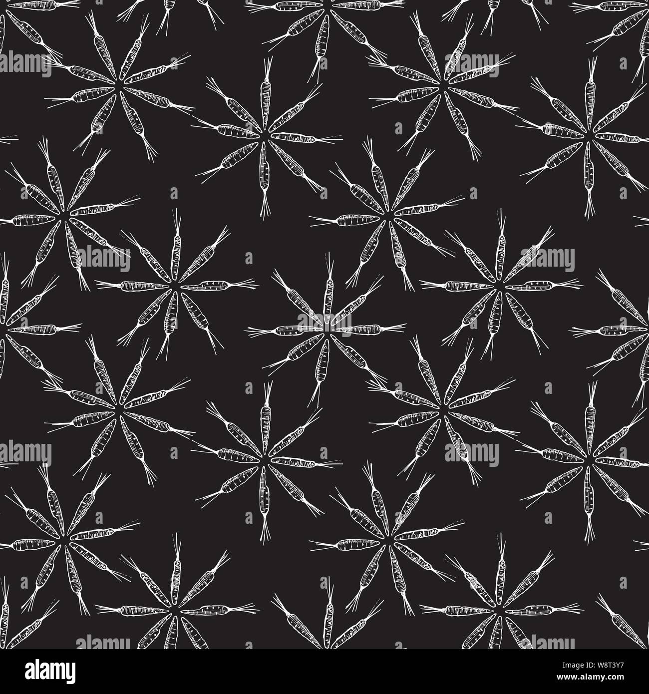 Flower shaped carrot seamless pattern. Vector graphics. Black background Stock Vector