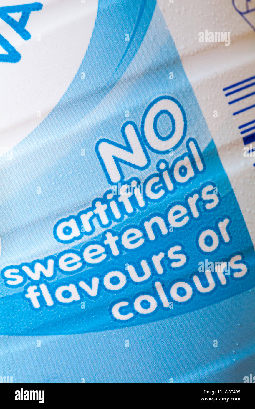No artificial sweeteners flavours or colours - detail on bottle of vanilla Yazoo milk drink Stock Photo