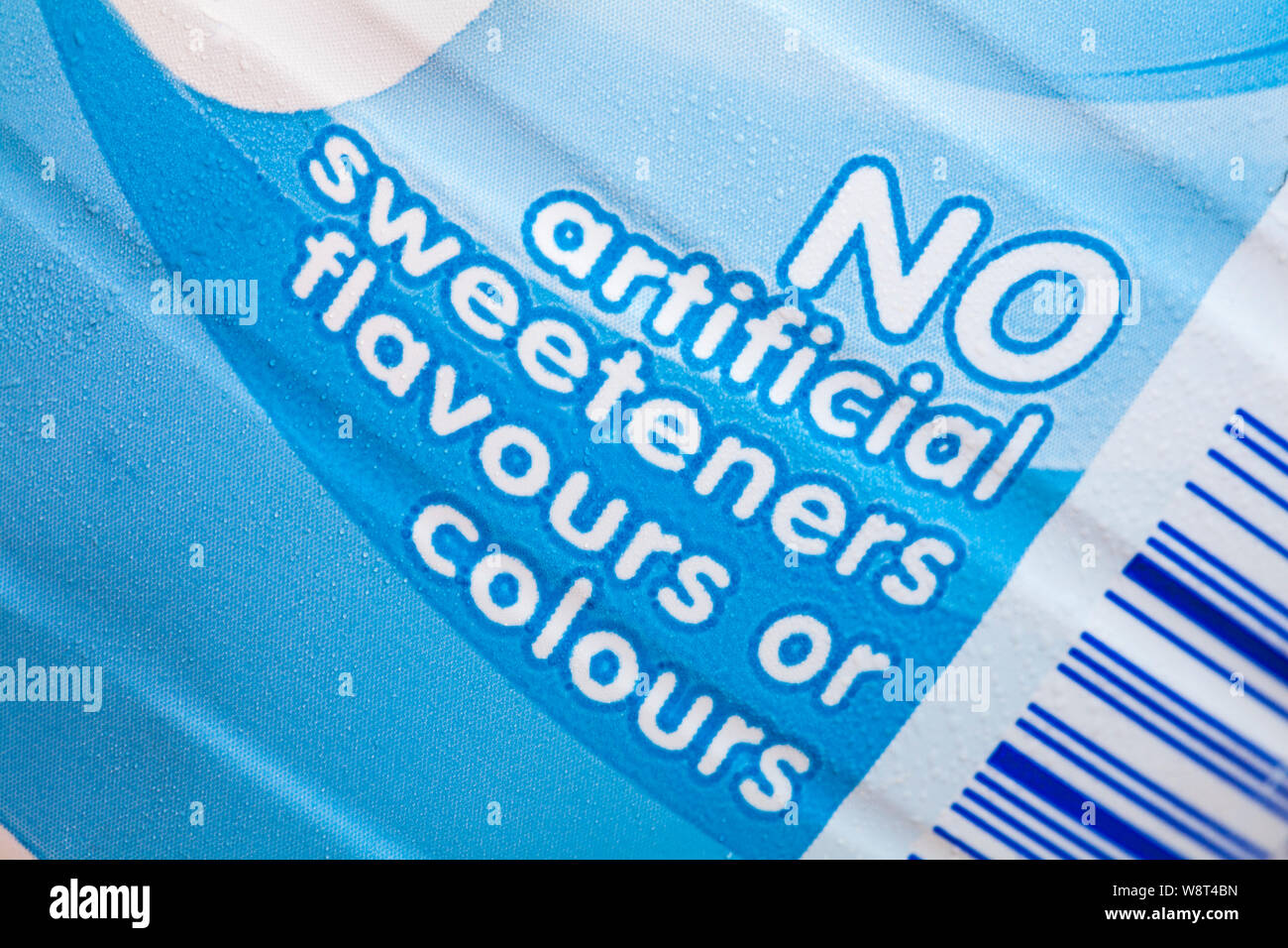 No artificial sweeteners flavours or colours - detail on bottle of vanilla Yazoo milk drink Stock Photo