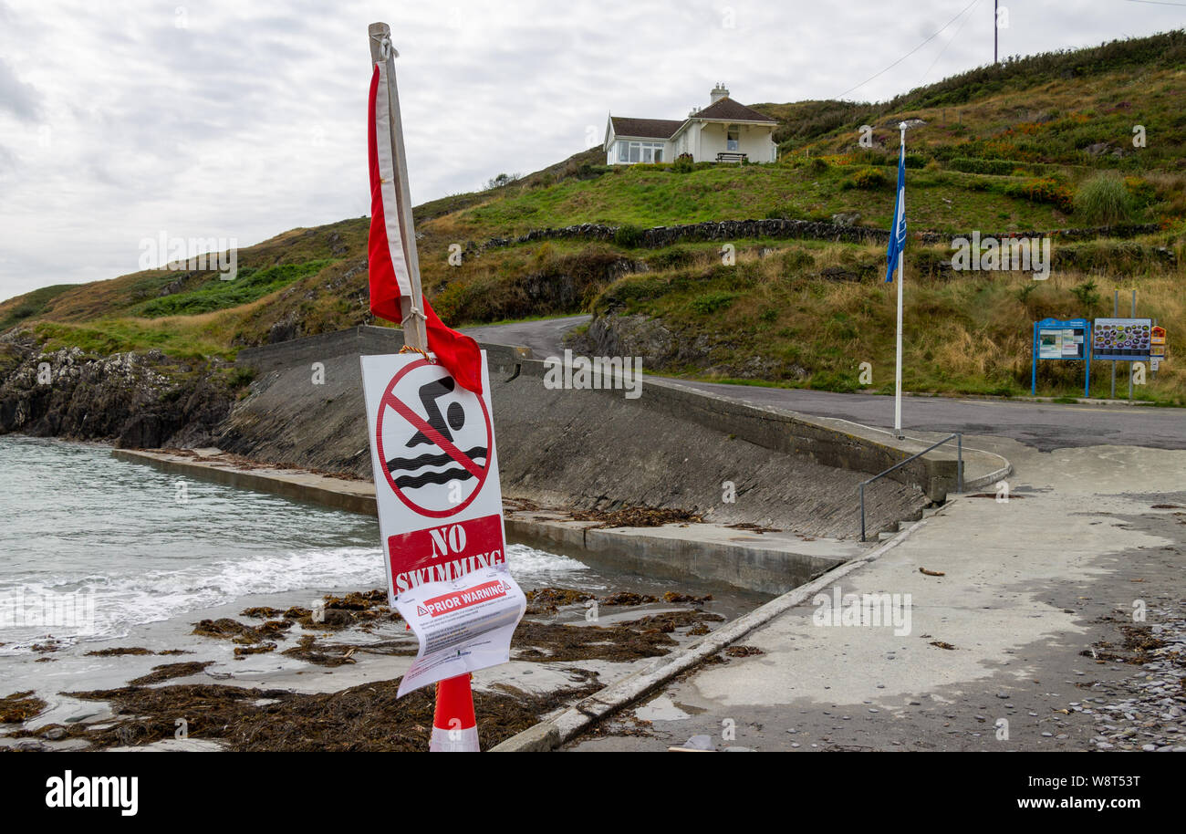 Tragumna, West Cork, Ireland. 10th August 2019. Tragumna Beach a popular holiday beach along with 5 other beaches in County Cork had “No Swim” signs erected over the weekend. The recent heavy rain has been blamed for the notices warning of the possible risk of high bacteria levels. The waters will be retested on Monday 12th August and results made public on 14th August. Credit aphperspective/ Alamy Live News Stock Photo
