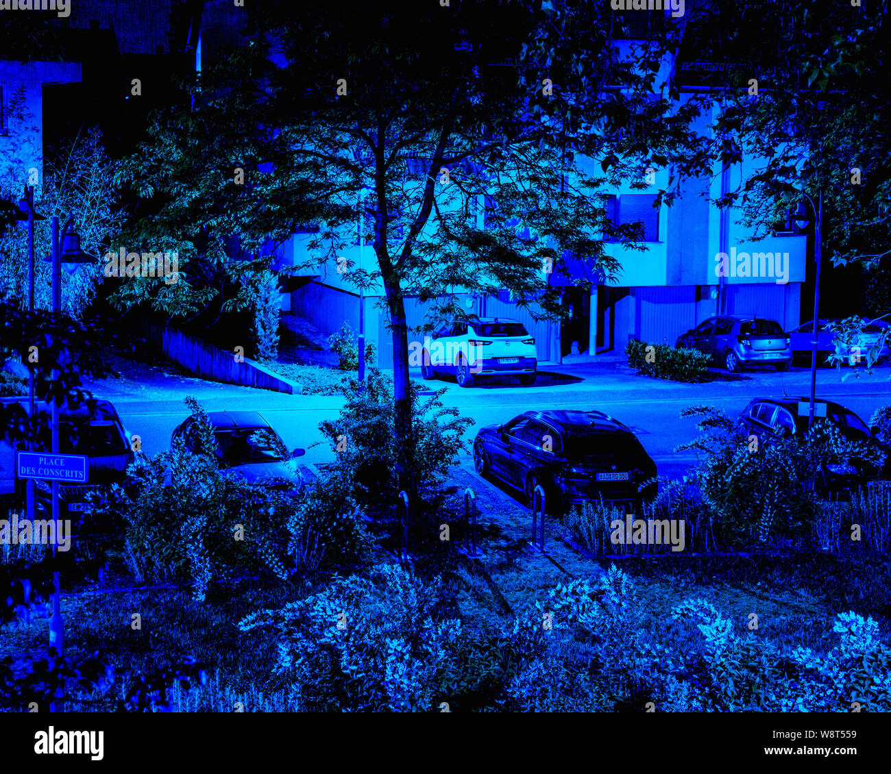 Residential district at night, blue mood, Strasbourg, Alsace, France, Europe, Stock Photo