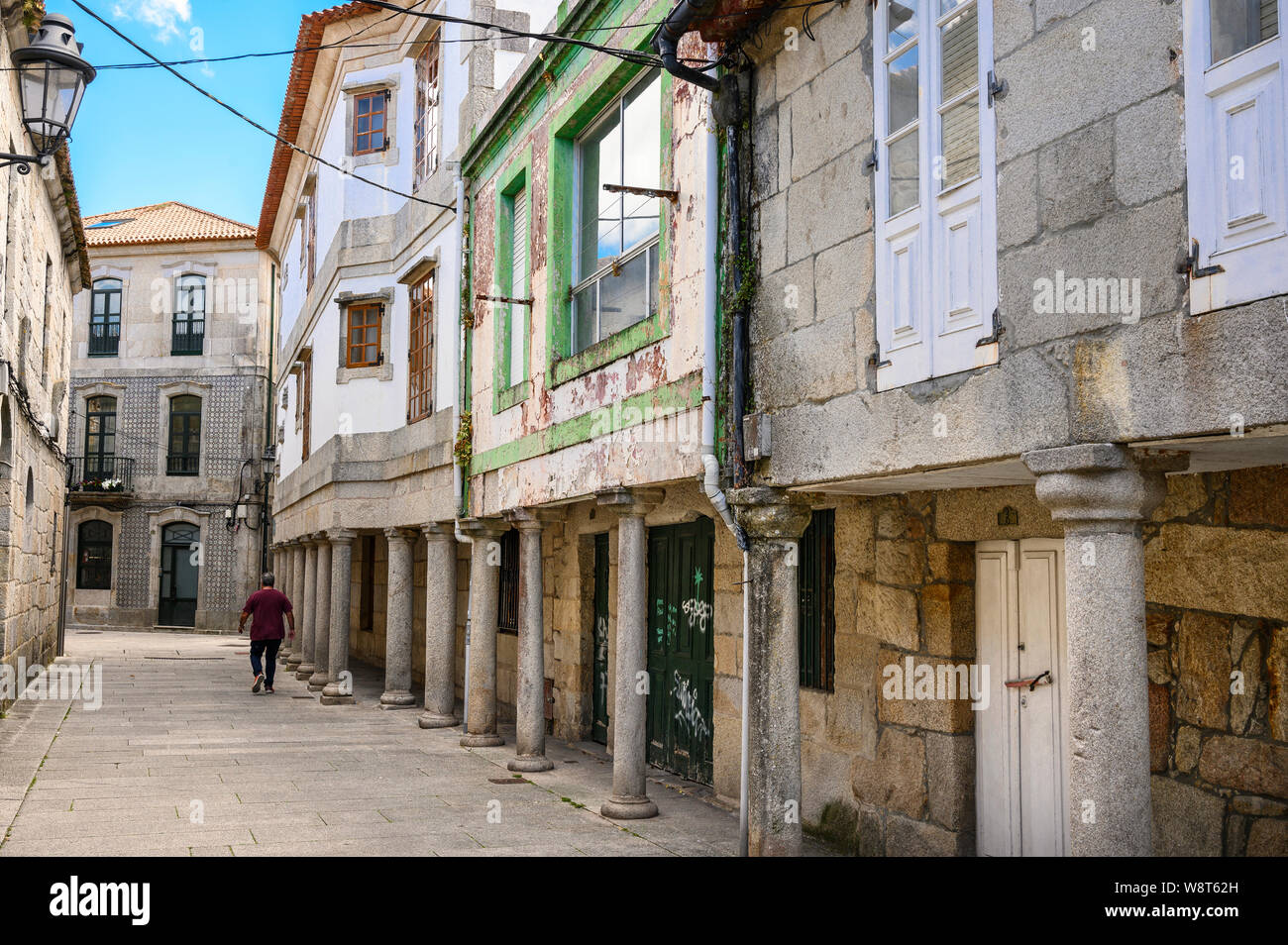 Traditional arcaded houses in a side street in Baiona, in Pontevedra Province, Southern Galicia