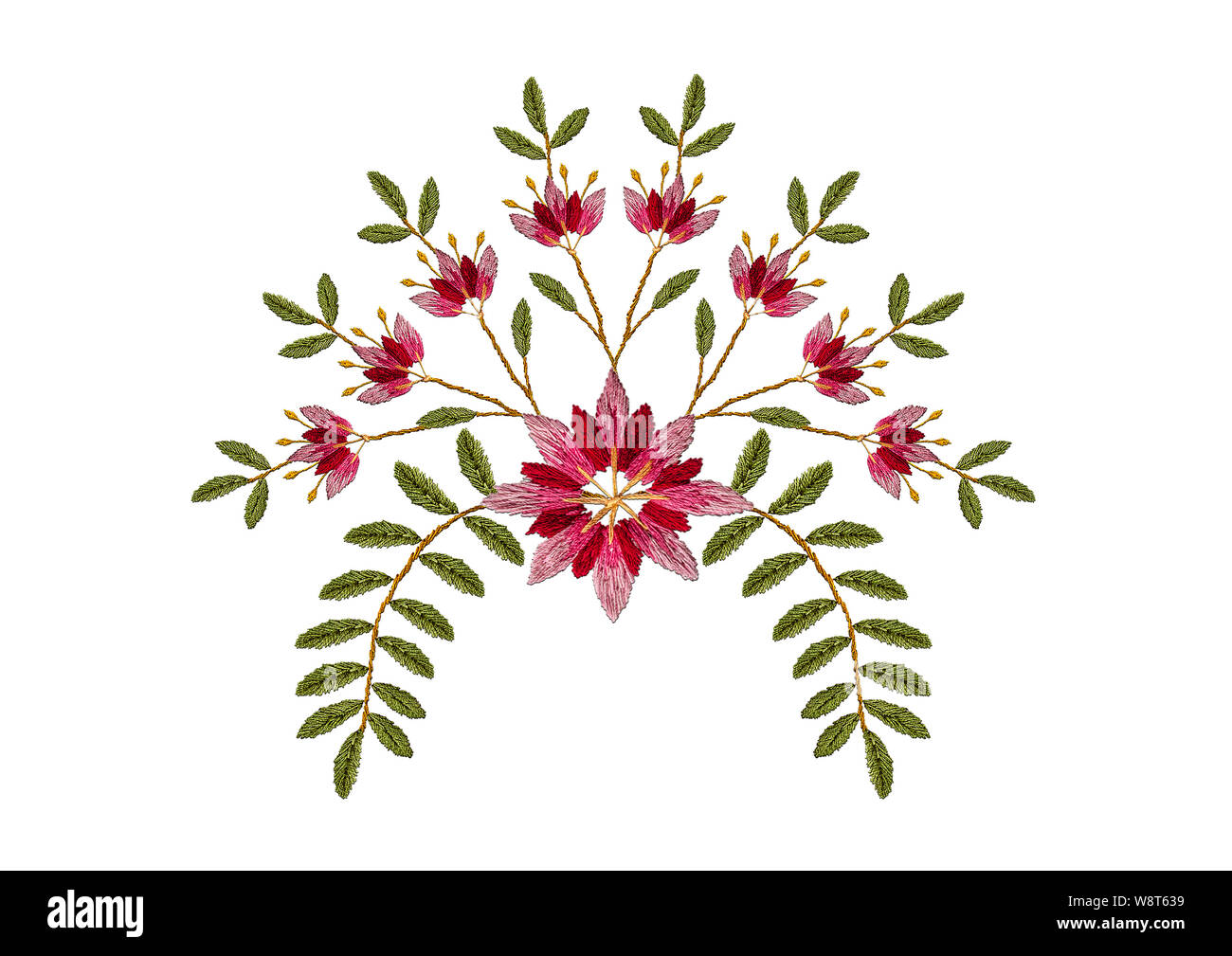 Pattern for embroidery of redpink flower Cornflower surrounded by buds and bent branches with