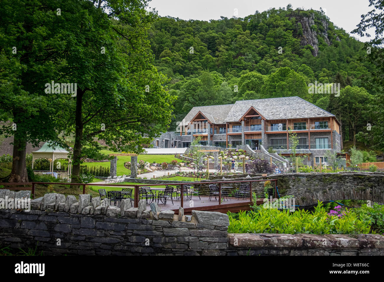 A general view of Lodore Falls Hotel & Spa which overlooks Derwent Water near Keswick in the Lake District Stock Photo