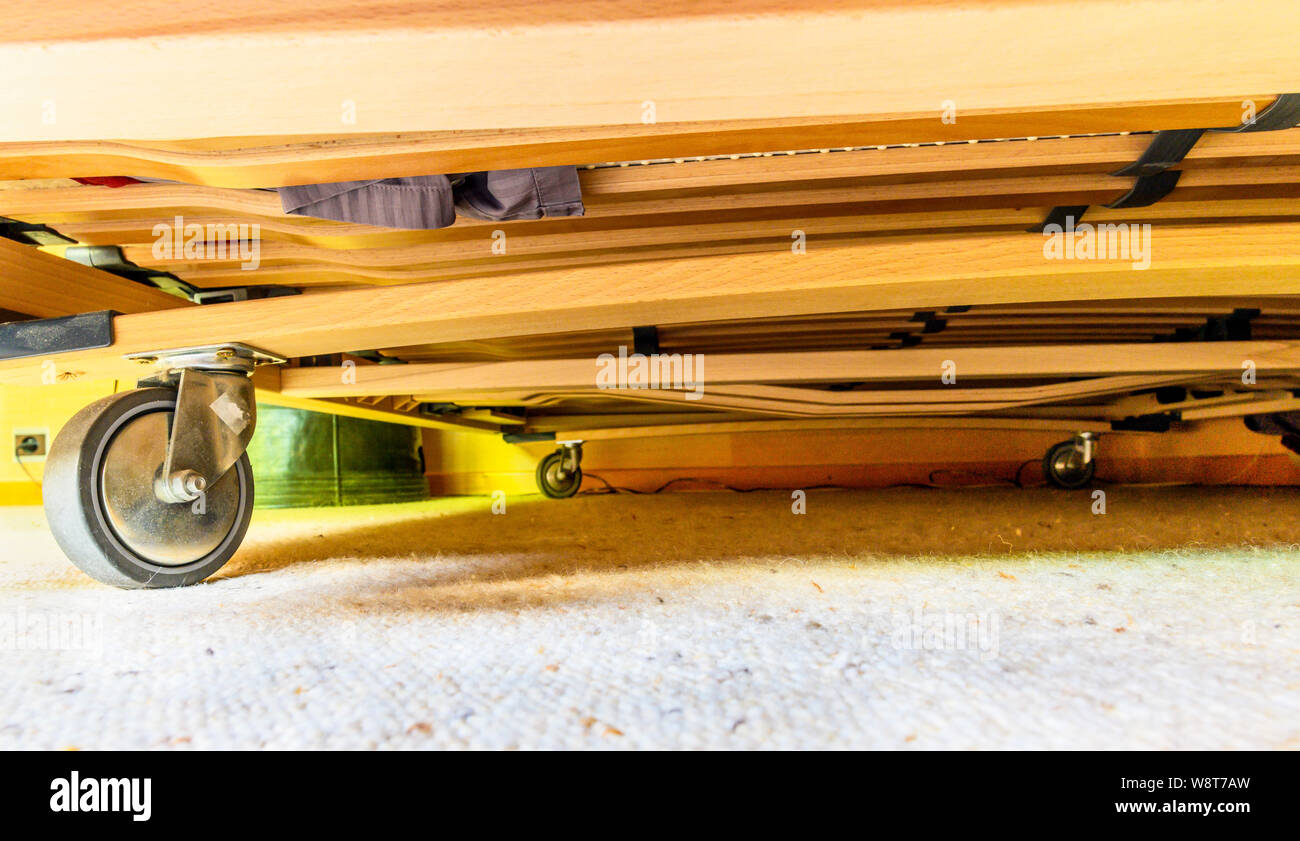 Bottom view of wheels under slatted bed base, France, Europe Stock