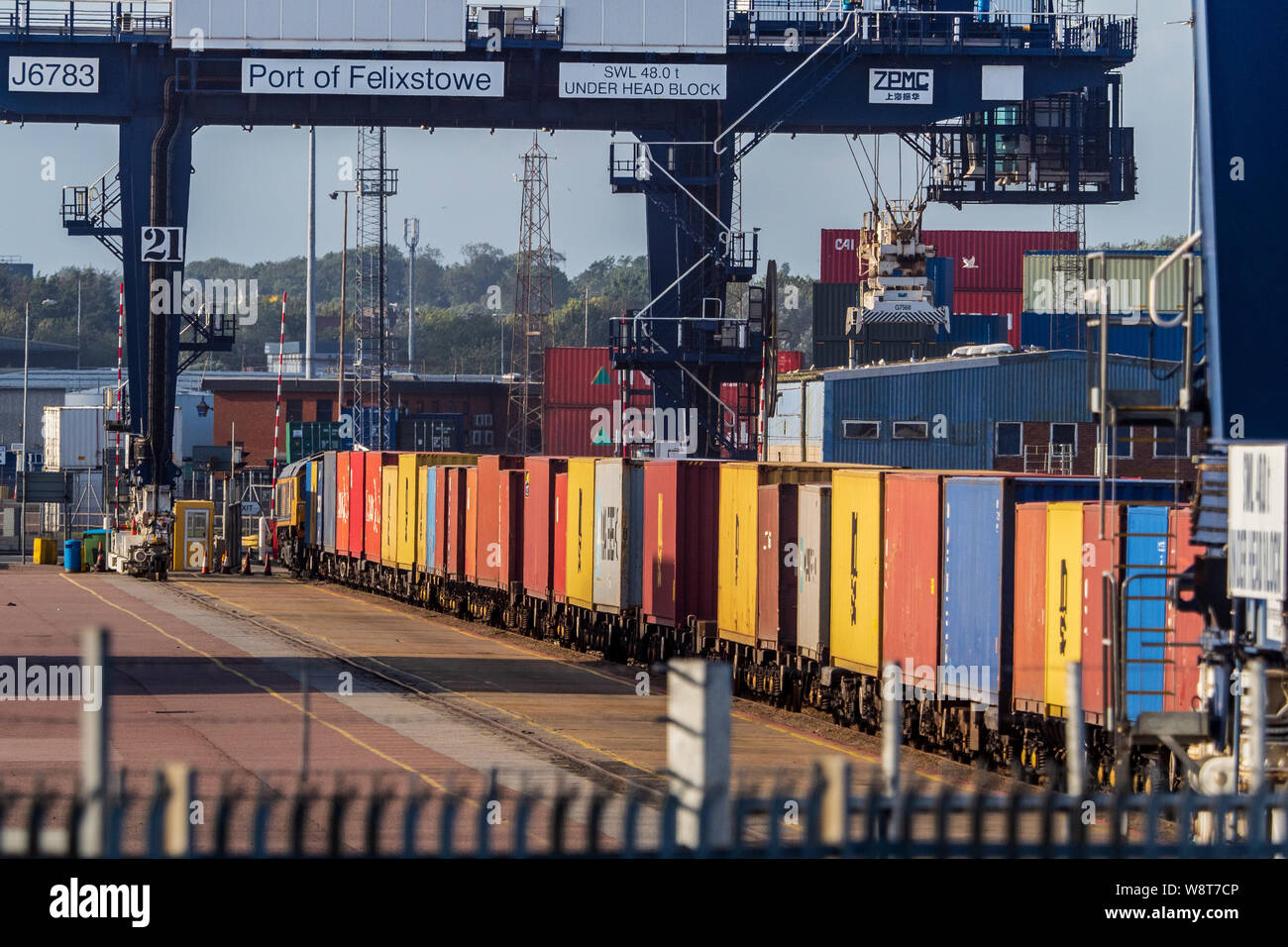 Rail Freight Terminal UK - Intermodal Containers being loaded onto freight trains in Felixstowe Port, the UK's largest container port. Stock Photo