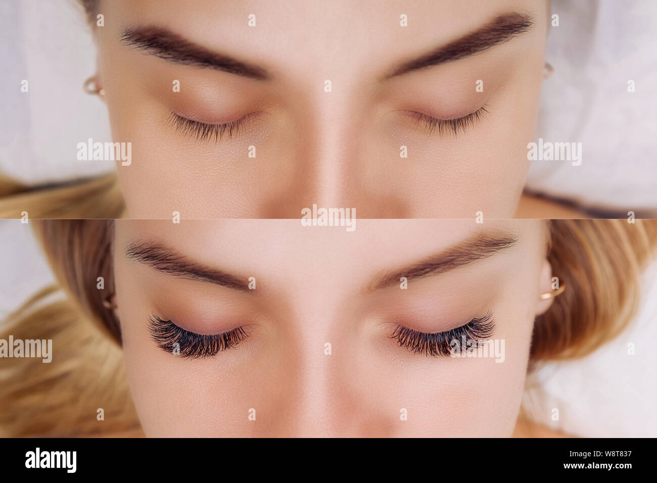 Eyelash Extension. Comparison of female eyes before and after Stock