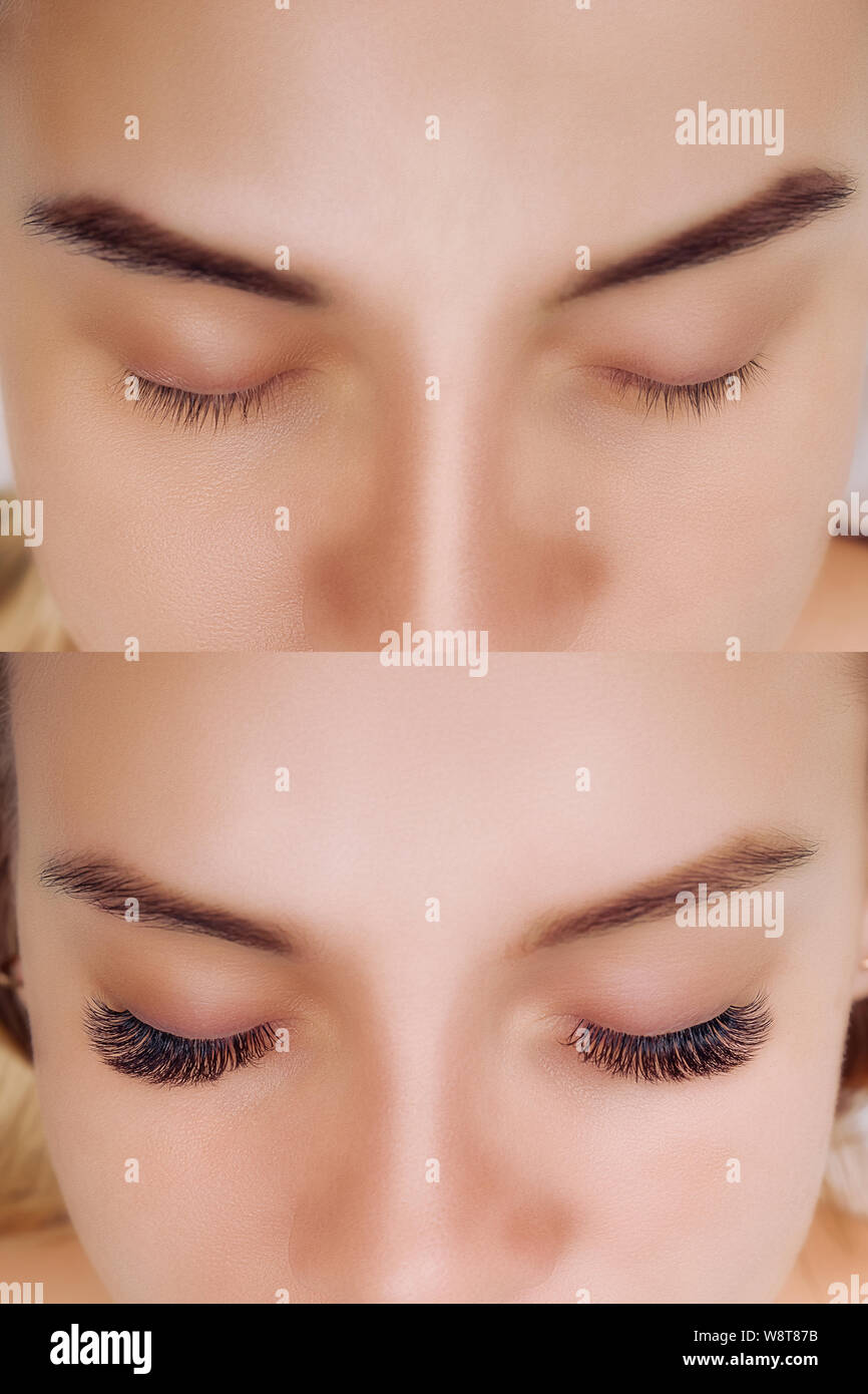 Eyelash Extension. Comparison of female eyes before and after. Stock Photo