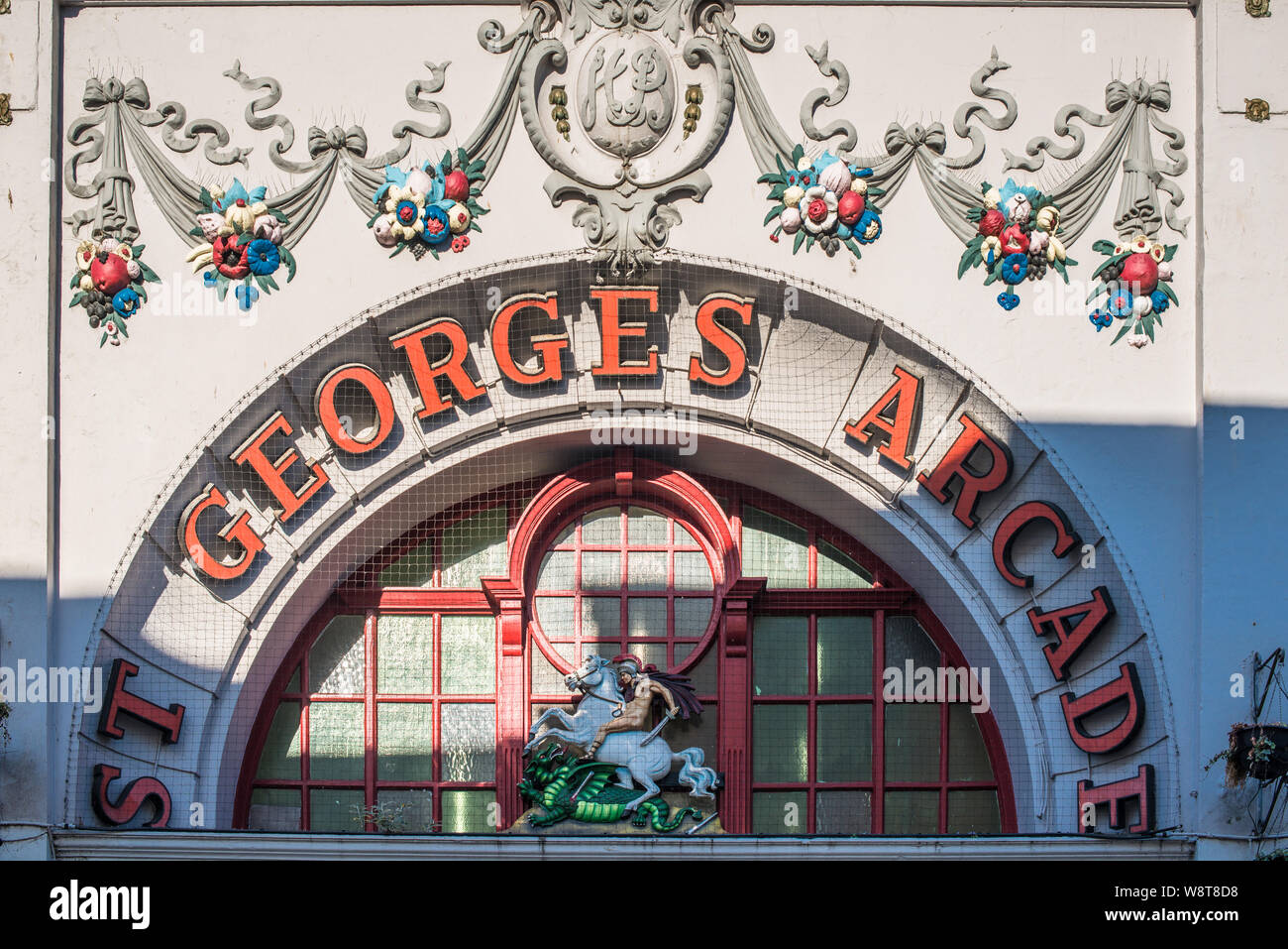Entrance to St George's Arcade, built in 1912 as a cinema (second largest in the UK) and now used as a shopping arcade, Famouth, Cornwall, England, UK. Stock Photo