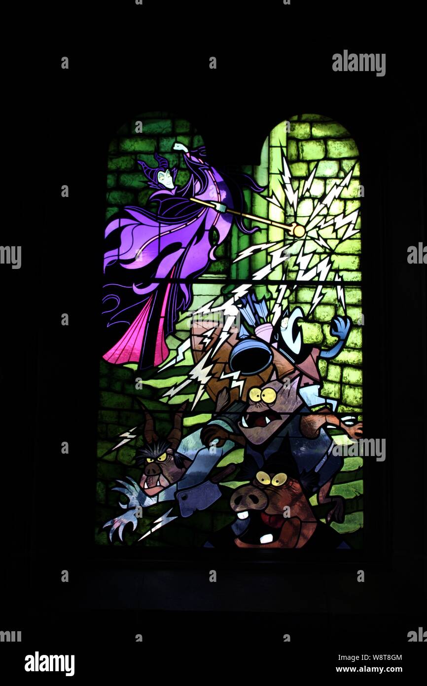 A stained glass window inside The Sleeping Beauty Castle at Disneyland