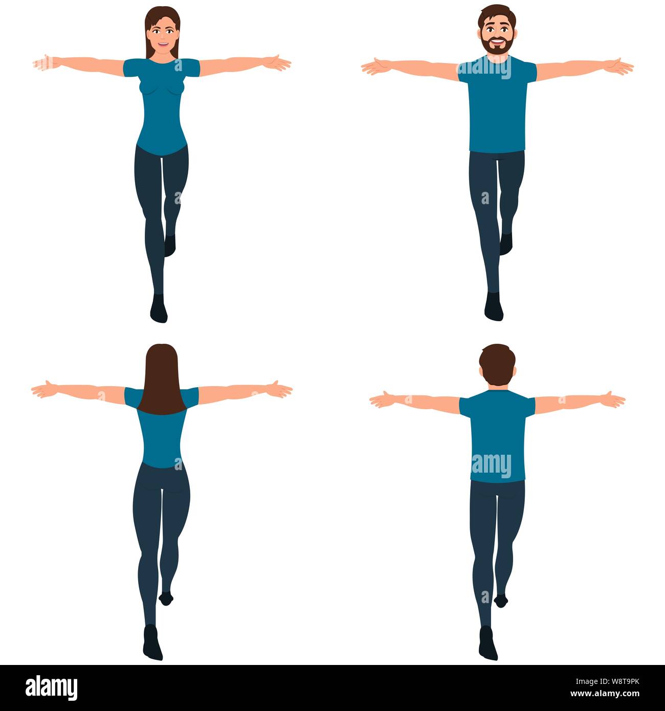 Guy and girl tightrope walker front and back view, man and woman keep balance, acrobats vector illustration on a white background Stock Vector