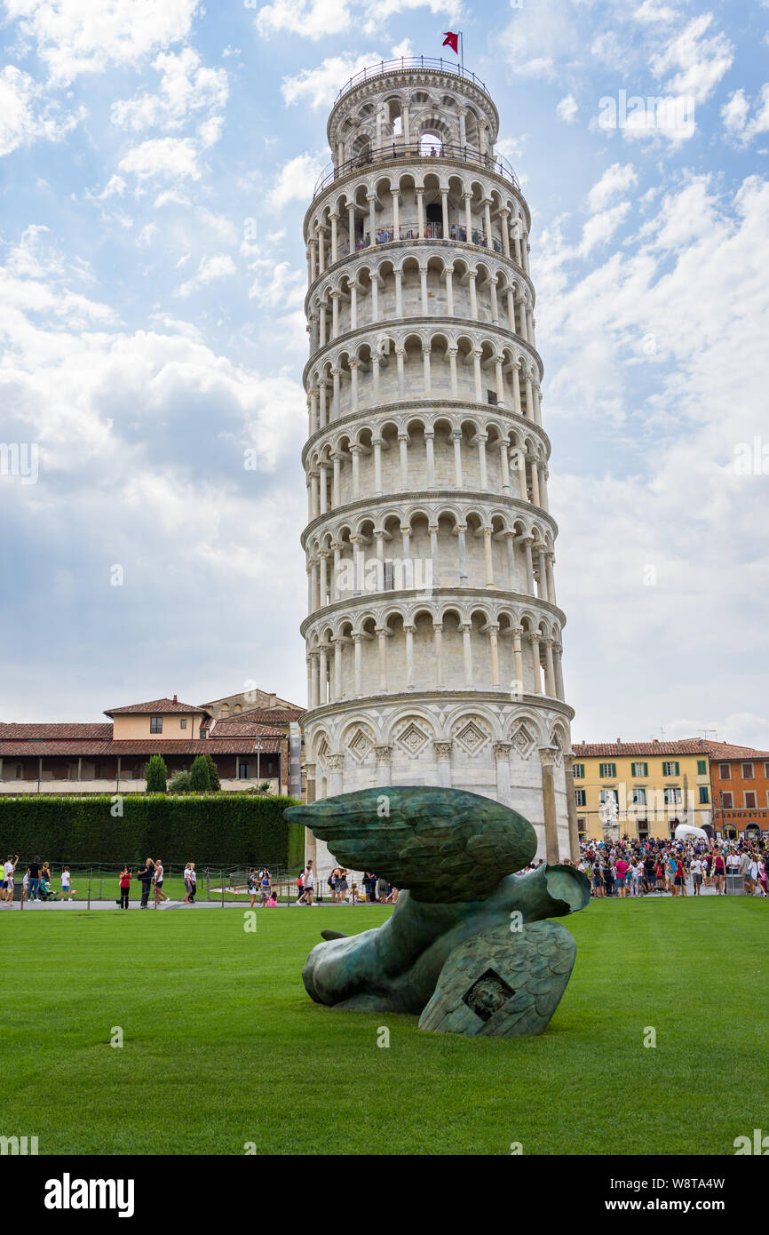 Pisa, Italy - August 19, 2016: Panoramic view of Piazza dei Miracoli (also called Piazza del Duomo) in Pisa, in the foreground the tower of the bell t Stock Photo