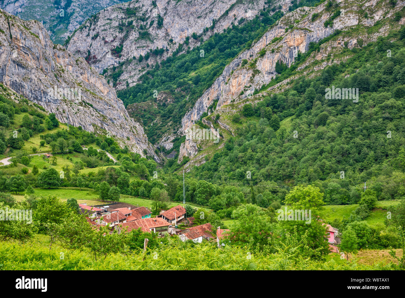 Village of Viego, Desfiladero de Beyos (Los Beyos Defile) in distance, foothills of Picos de Europa, Ponga Natural Park, Asturias, Spain Stock Photo