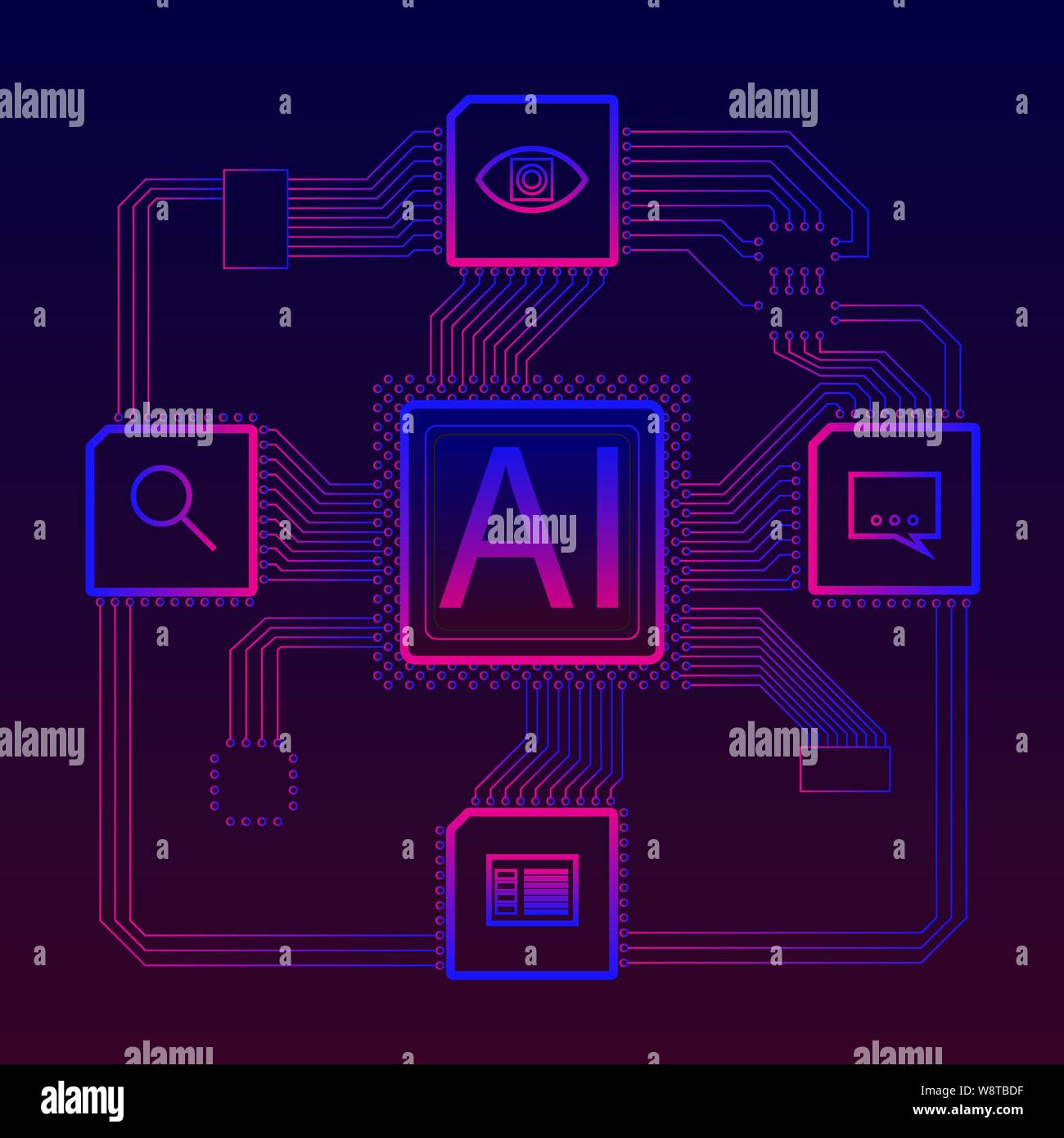 Neural network on circuit. Artificial intelligence services: image and voice recognition, text analysis, search engine Stock Vector