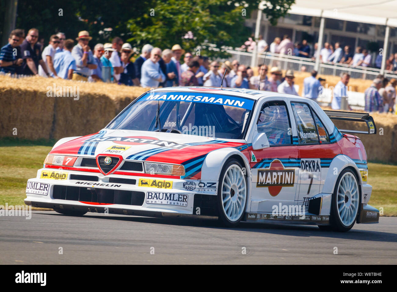 1995 Alfa Romeo 155 DTM with driver Jiri Jirovec at the 2019 Goodwood Festival of Speed, Sussex, UK. Martini livery. Stock Photo
