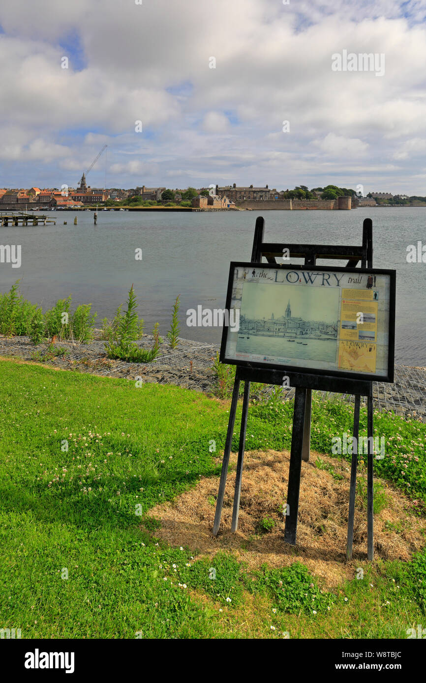 Berwick upon Tweed and Lowry Trail Panel from Tweedmouth part of the Lowry Trail,  Berwick upon Tweed, Northumberland, England, UK. Stock Photo