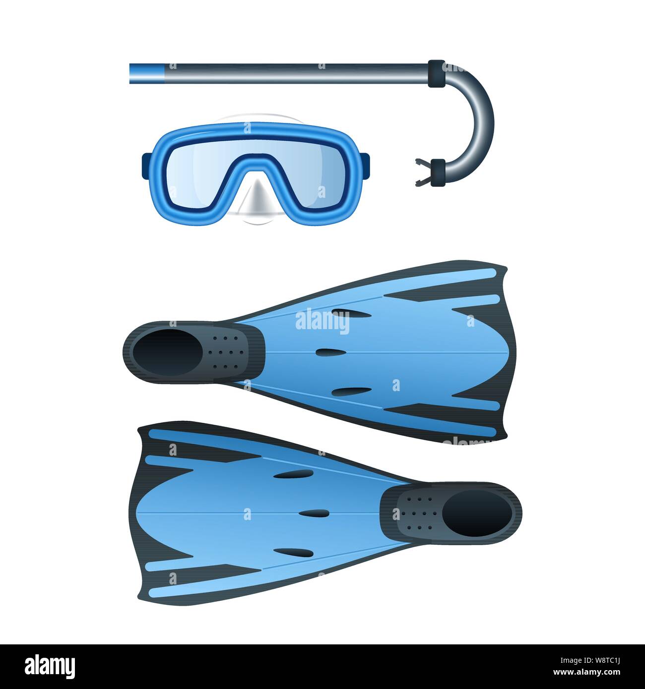 Diving blue colored kit with snorkel, mask and flippers. Vector ...