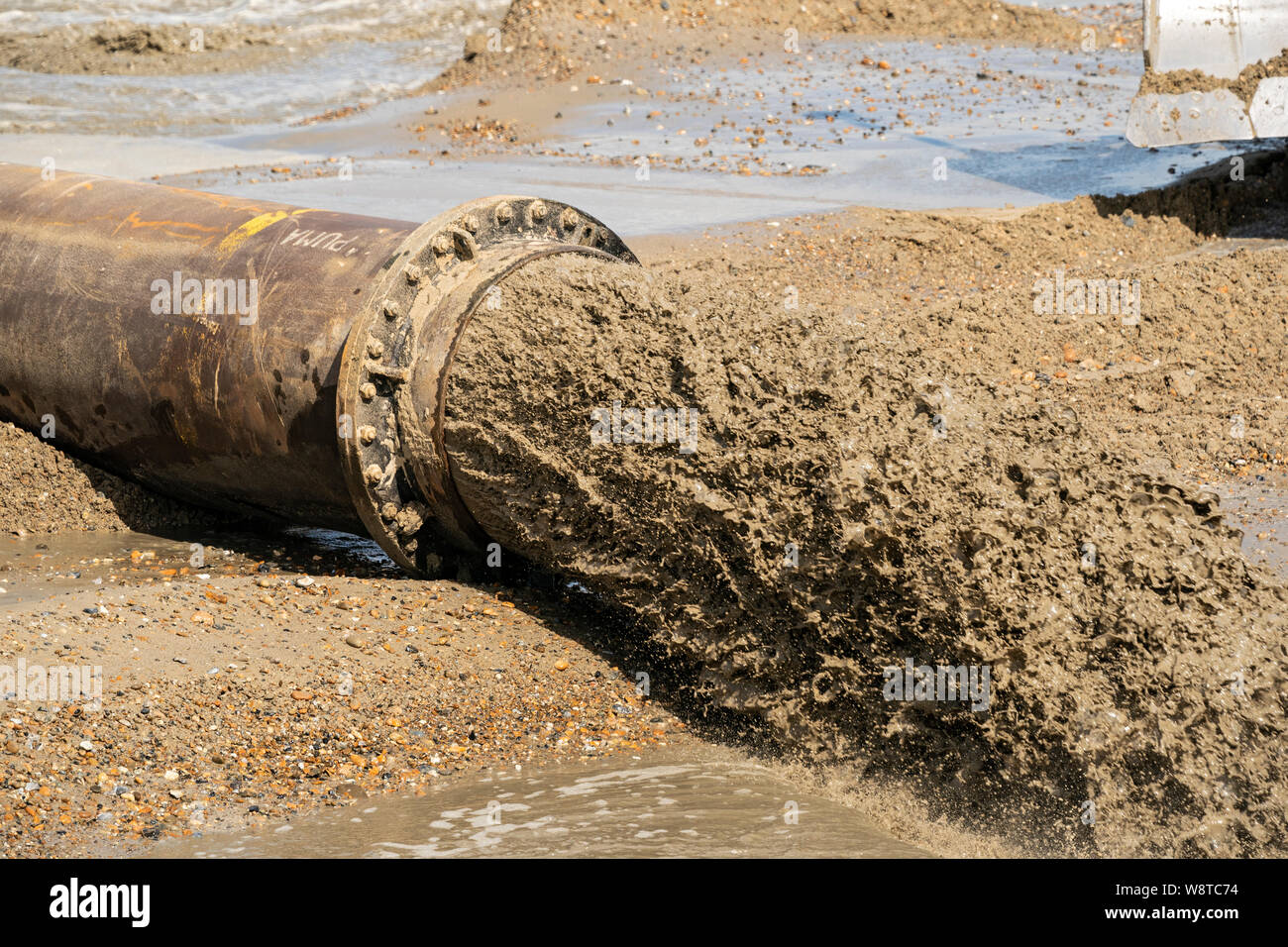 Bacton and Walcott sandscaping coastal erosion protection, Bacton, Norfolk, England, United Kingdom 11 August 2019 Stock Photo
