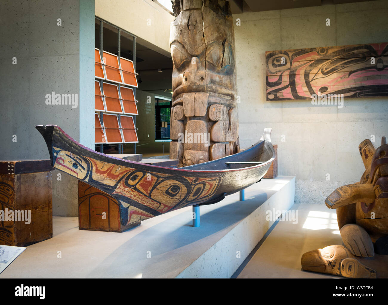 A Haisla (Kitimaat) canoe in the University of British Columbia Museum of Anthropology (UBC Anthropology Museum) in Vancouver, British Columbia Canada Stock Photo