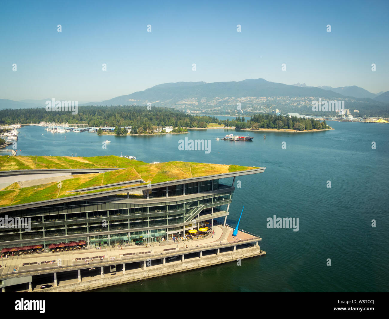 An aerial view of the green roof of the West Building of the Vancouver Convention Centre (Vancouver Convention Center) in Vancouver, British Columbia. Stock Photo