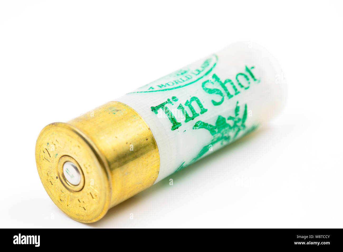 A 12gauge shotgun cartridge made by Gamebore. The cartridge is loaded