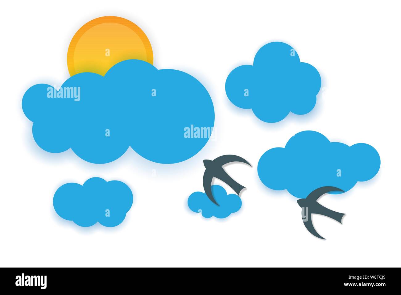 Sky background with sun and blue clouds. Birds are flying in front of ...