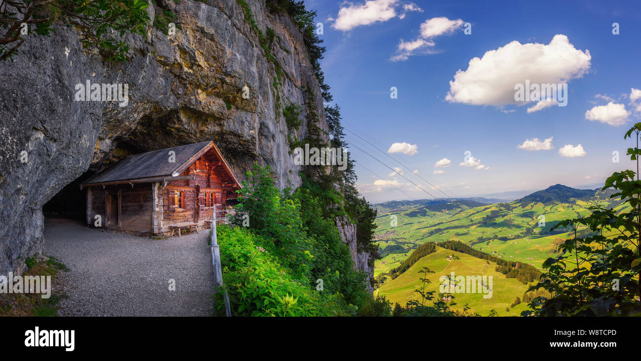 Historic cabin in the Wildkirchli cave in the Appenzell region of Switzerland Stock Photo
