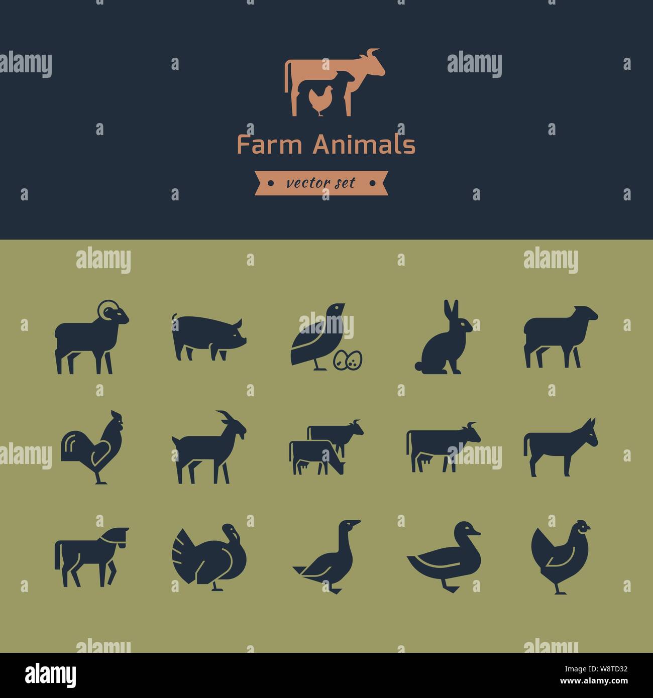 Set of meat animals icons with animals in profile. Vector collection ...